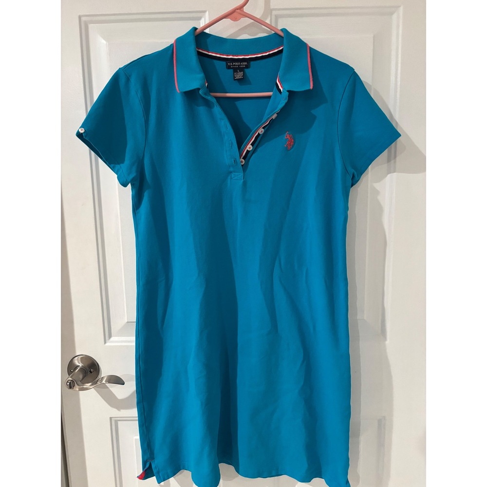 US Polo Assn Womens Blue Polo Dress Short Sleeve Pink Logo Sz Lg Pool Beach